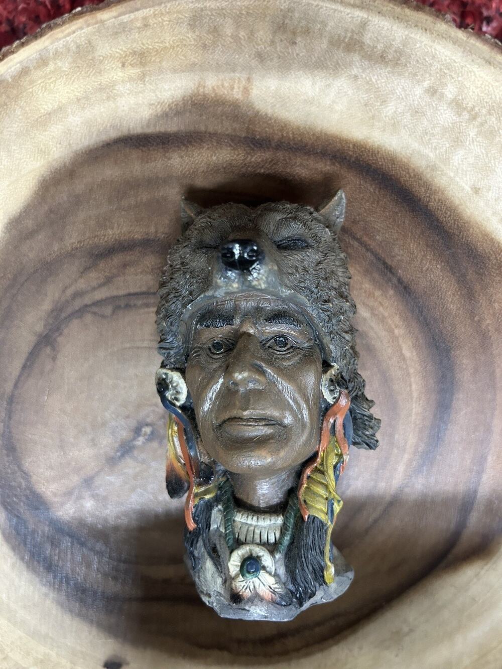 Native America Worrier & Bear Head Dress Resin Statue 2x2x5
